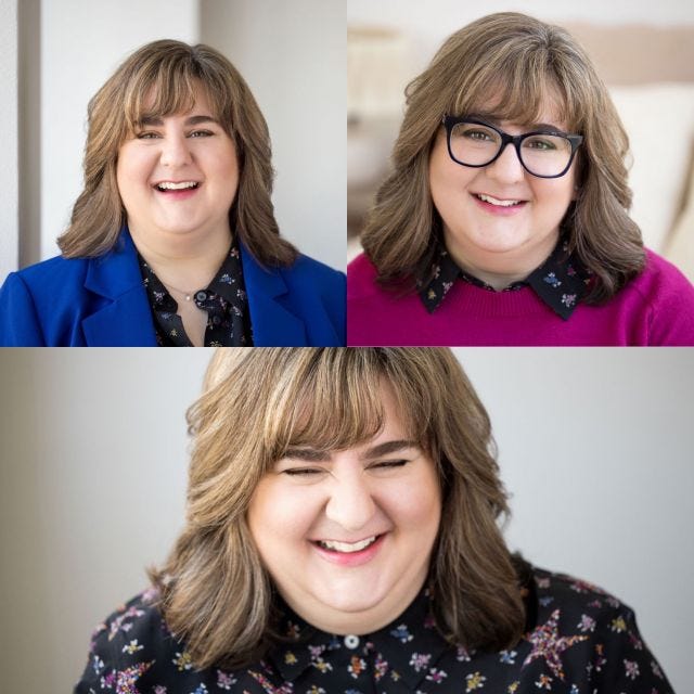A composite of three photos of a chubby woman with a brown bob: in a blue blazer, a pink sweater and glasses, and laughing