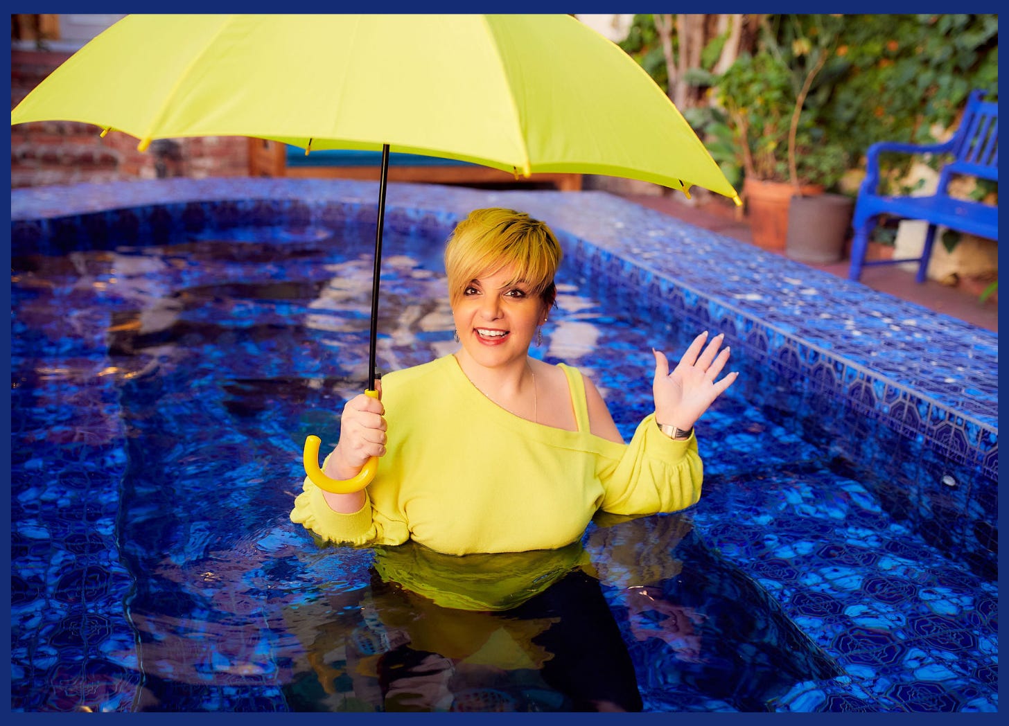 Stylish Autistic woman in pool with yellow umbrella. Unmasking Autism Blog: The Function of Privilege. Autistic Blog | Executive functioning: from inside Angela's Autistic mind