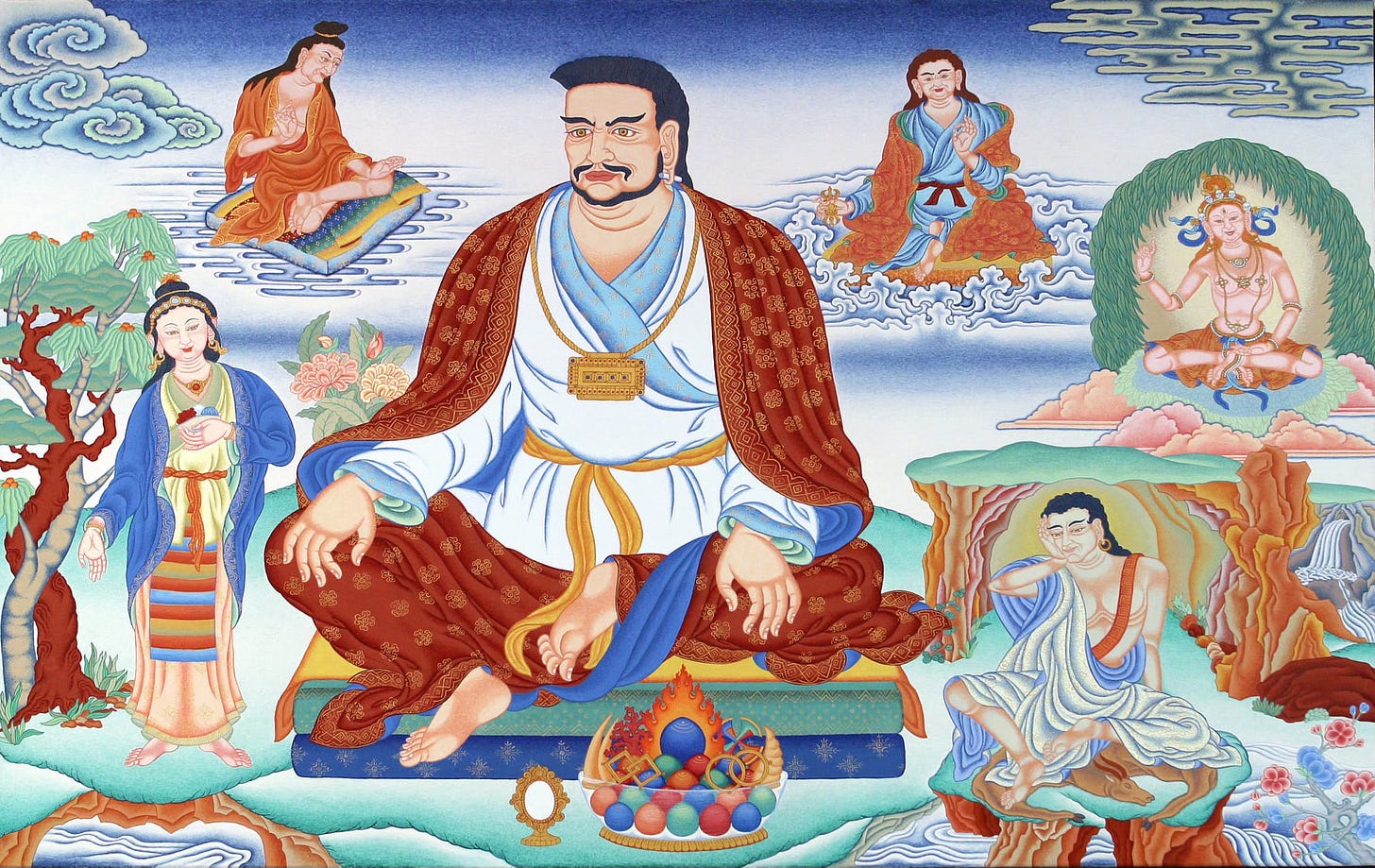 Thangka (Tibetan religious icon) of Marpa the Translator, flanked by figures from his life story