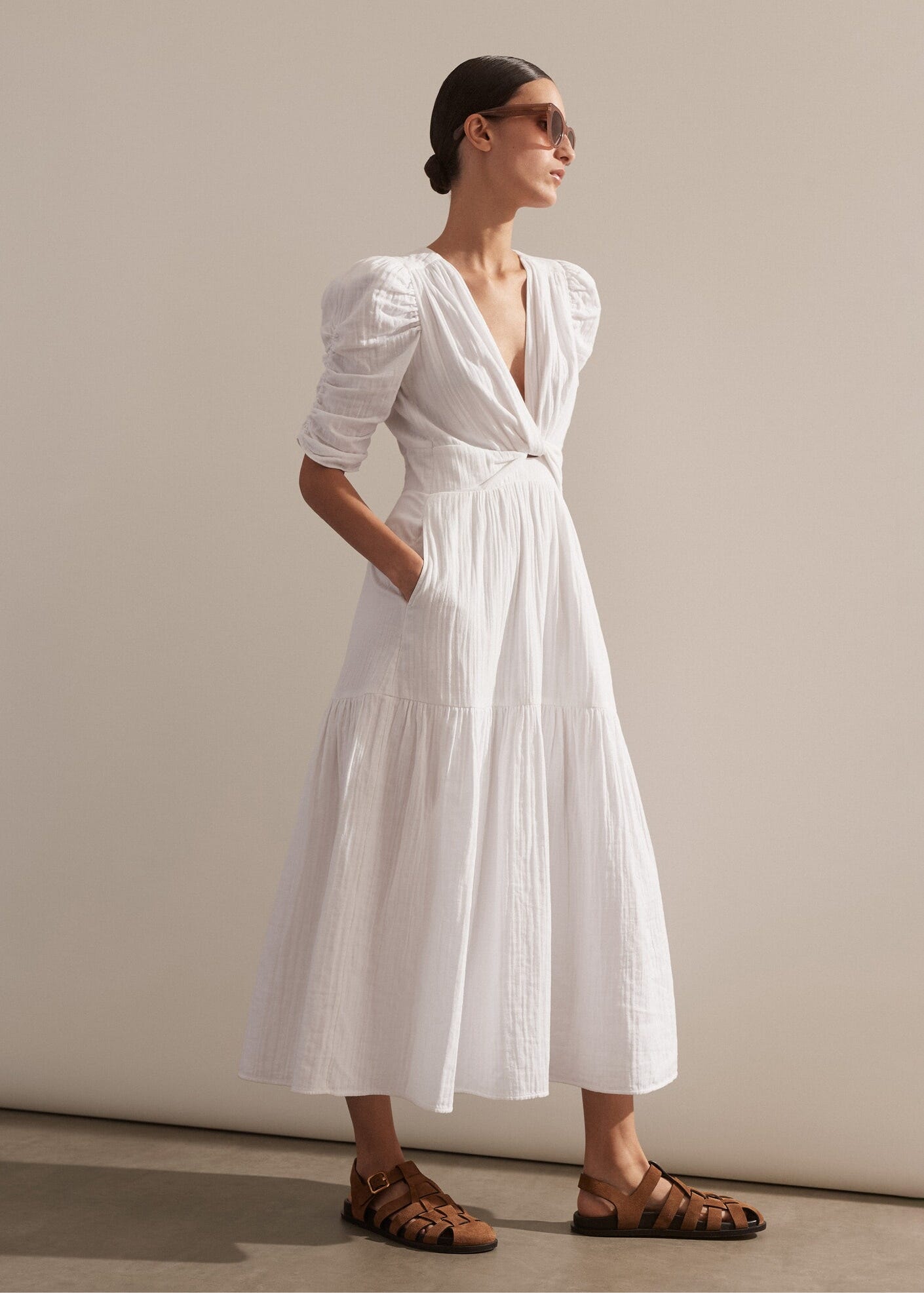 Cheesecloth Gathered Sleeve Maxi Dress 