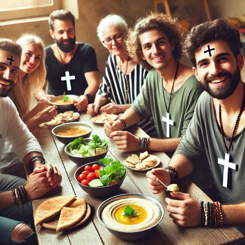 A group of friendly Christians, both men and women, casually wearing cross necklaces, gathered around a table and sharing a bowl of delicious hummus. The scene is warm and joyful, with natural light coming in, and the table filled with pita bread, fresh vegetables, and other Mediterranean dishes. The Christians are smiling and talking, enjoying their meal in a peaceful and welcoming atmosphere. The people should have no crosses or markings on their skin, only on their necklaces.