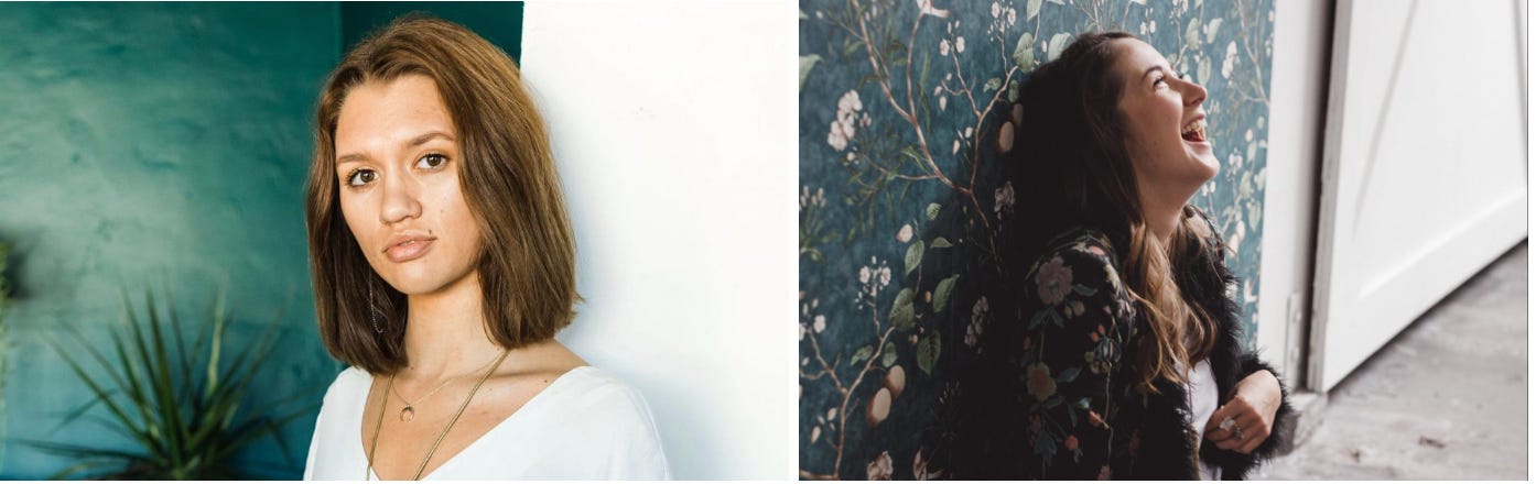 Photo of two women, one looking straight to camera with a painted green wall in the background, and the other laughing looking up from her seat on the floor against a green floral wallpaper.