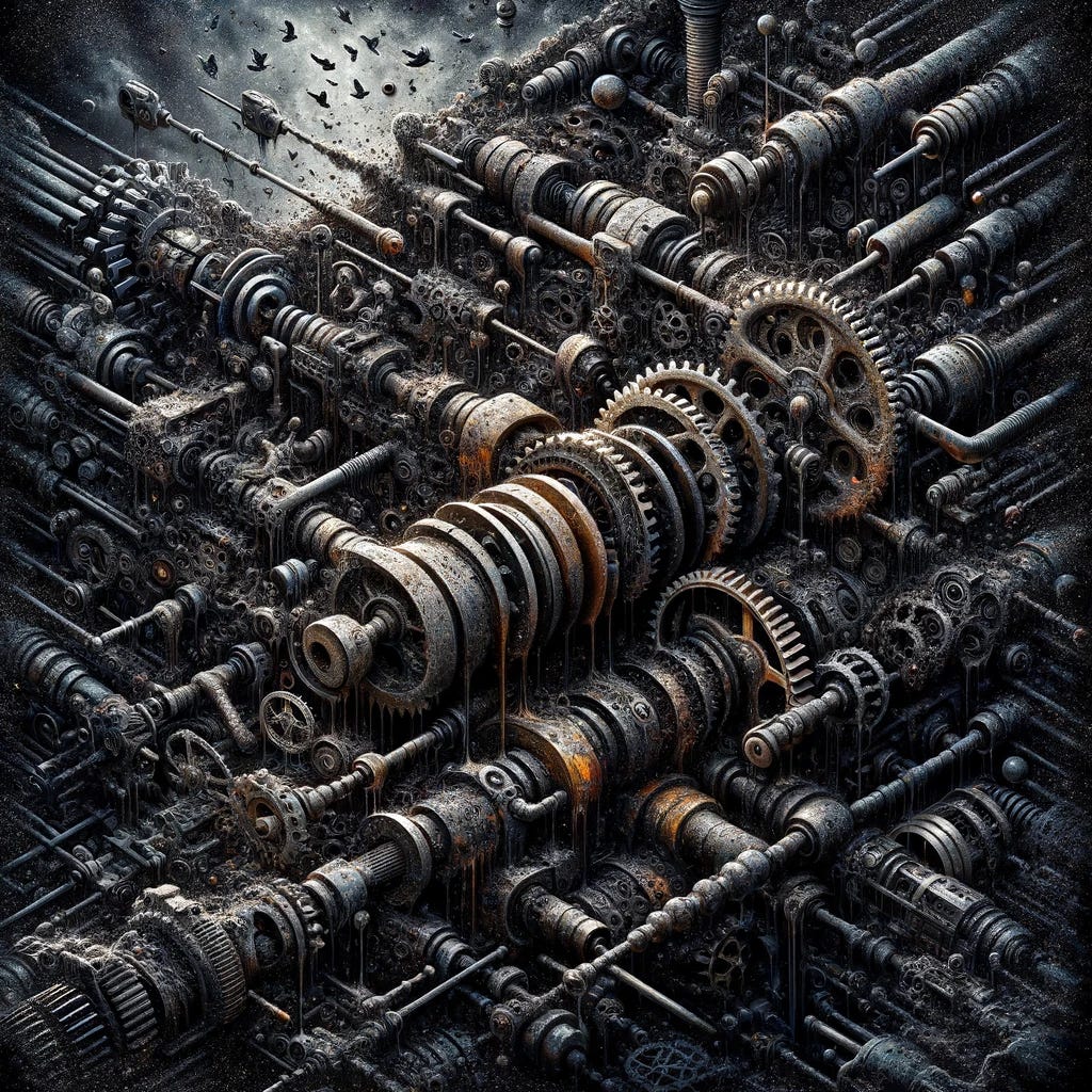 An image showing the dark inner workings of a machine, representing a degrading civilization influenced by negative forces like the military-industrial complex, the prison system, factory farming, racism, and injustice. The machine is composed of millions of cogs and levers, grimy and dirty, with splatters of oil, dim dust, and dark dirt splotches. The multitude of gears grind against each other in a chaotic and destructive manner, symbolizing the destructive and interconnected nature of these societal issues. The colors are dark and oppressive, emphasizing the grim and negative aspects of the societal systems depicted. This portrayal captures the essence of a civilization in decline, bogged down by its own corrupt and harmful mechanisms.