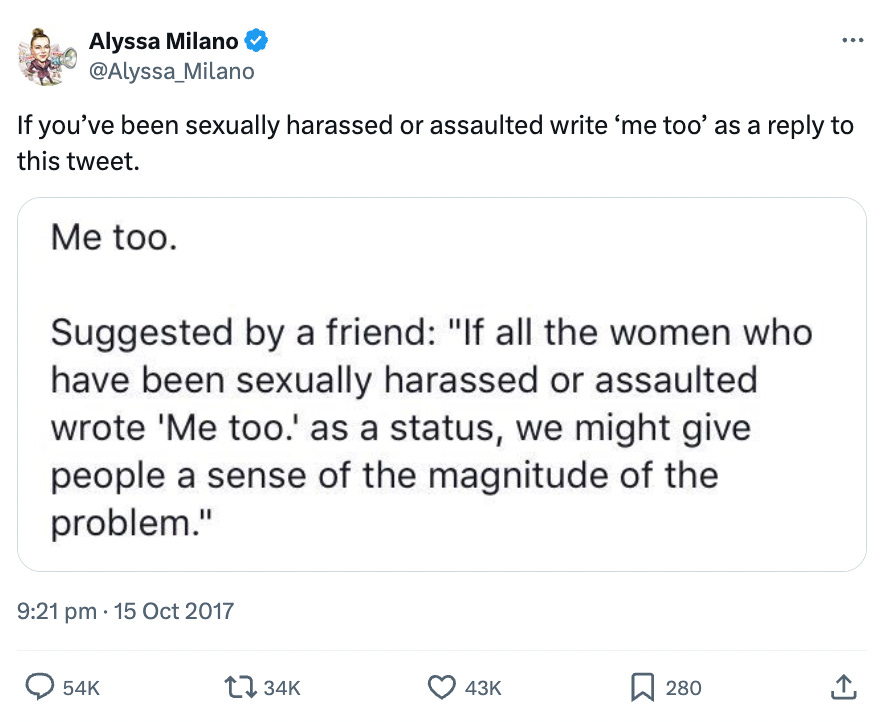 Alyssa Milano’s tweet: “If you’ve been sexually harassed or asssaulted write ‘me too’ as a reply to this tweet.” There is a photo attached that reads: “Me too. Suggested by a friend: ‘If all the women who have been sexually harassed or assaulted wrote Me too as a status, we might give people a sense of the magnitude of the problem.’”