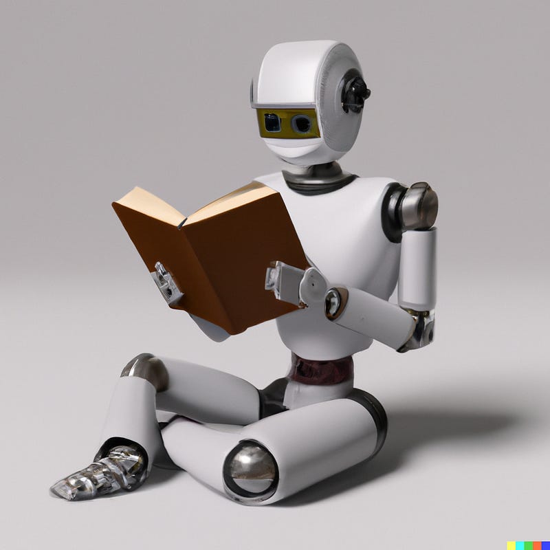 A robot reading a book. Image created using Dall-E.