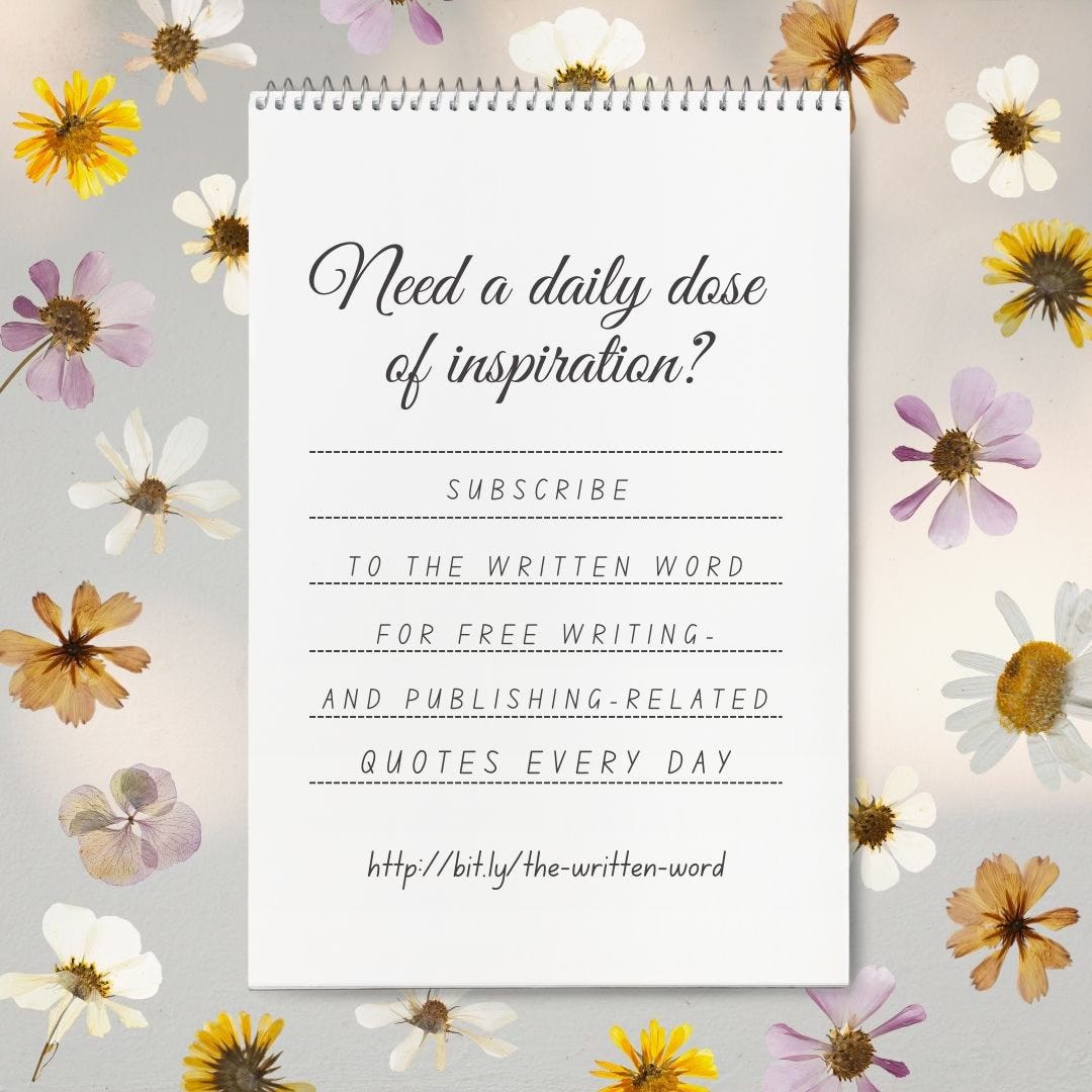 Promo for The Written Word featuring flowers and a note page urging subscription.