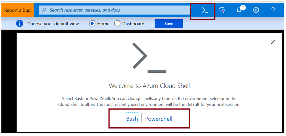 Screenshot of the Azure portal showing the cloud shell icon.