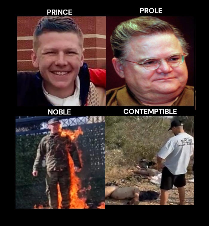 Composite image: PRINCE: Bushnell, PROLE: Hagee,NOBLE:Bushnell burning, CONTEMPTIBLE: Israeli urinating on executed Palestinian