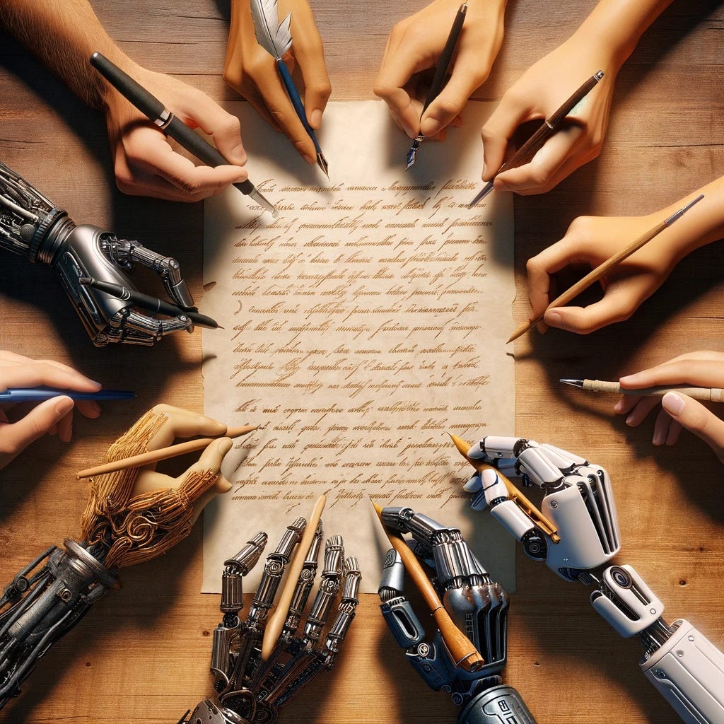 A dozen or so hands including human, robot, and cyborg all holding writing utensils write into a piece of paper.