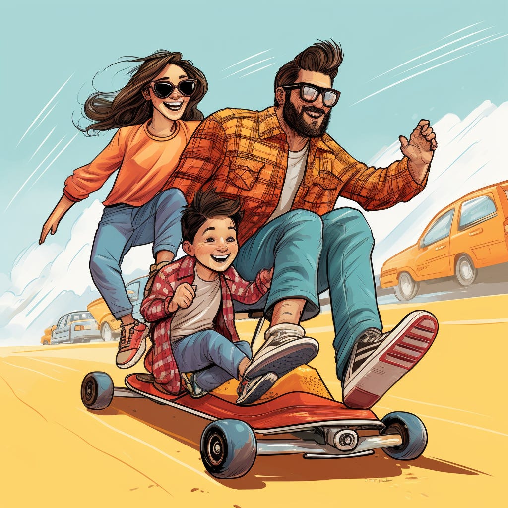 A family using a skateboard like a car. 