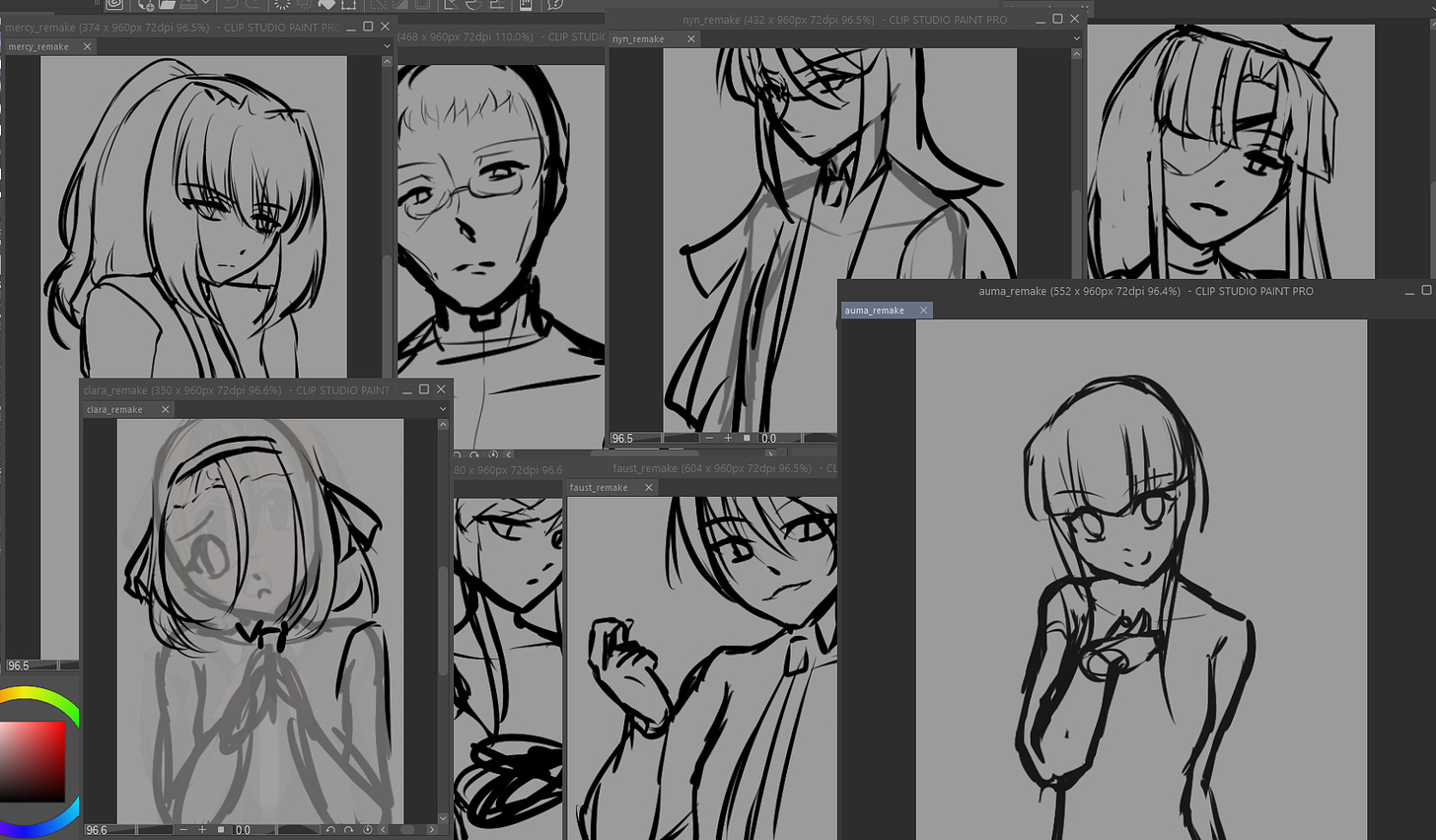 Multiple clip studio paint windows overlapping each other showing the sketches for the sprites of Soundless's main cast
