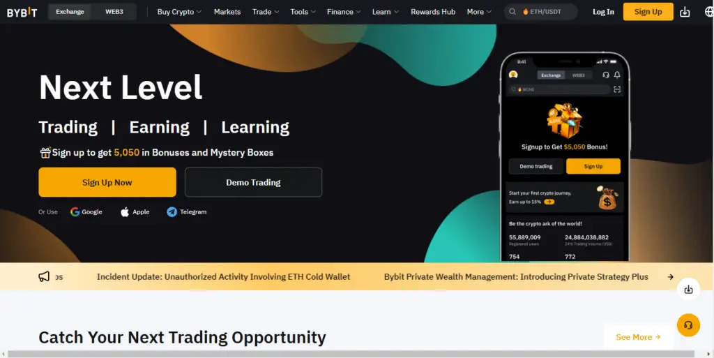 A home page of the official Bybit website.