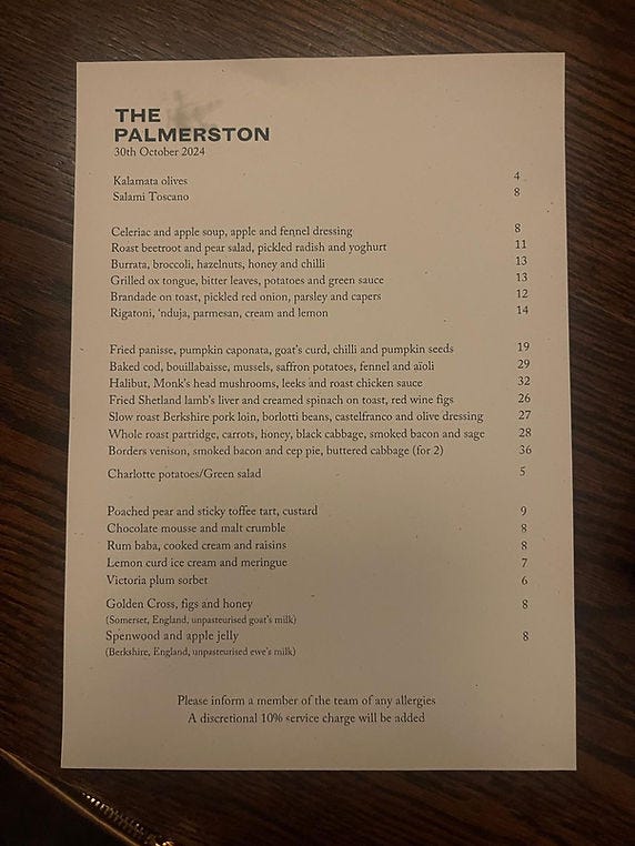The Palmerston menu