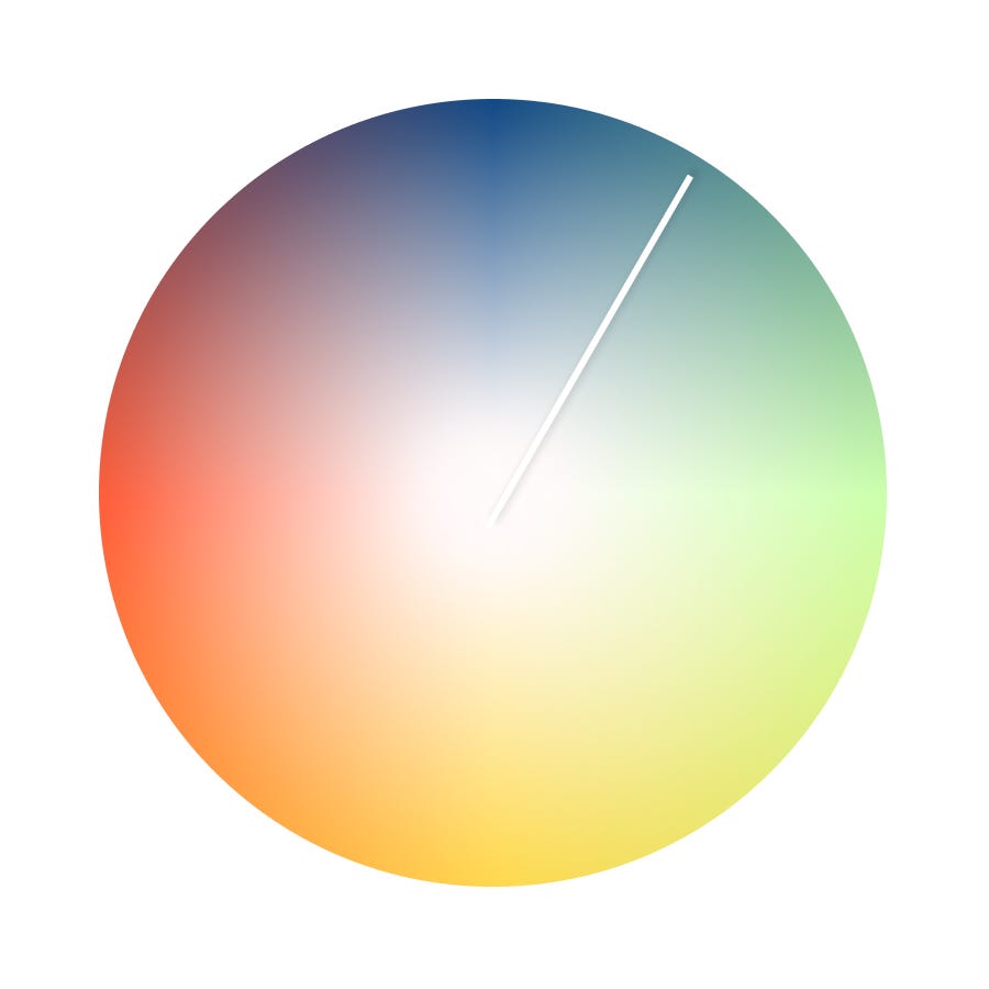 A picture of a circle filed with a gradient (blue at top, spring green to the right, yellow at bottom and orange/red to the left) and a white clock hand pointing at about 1:00