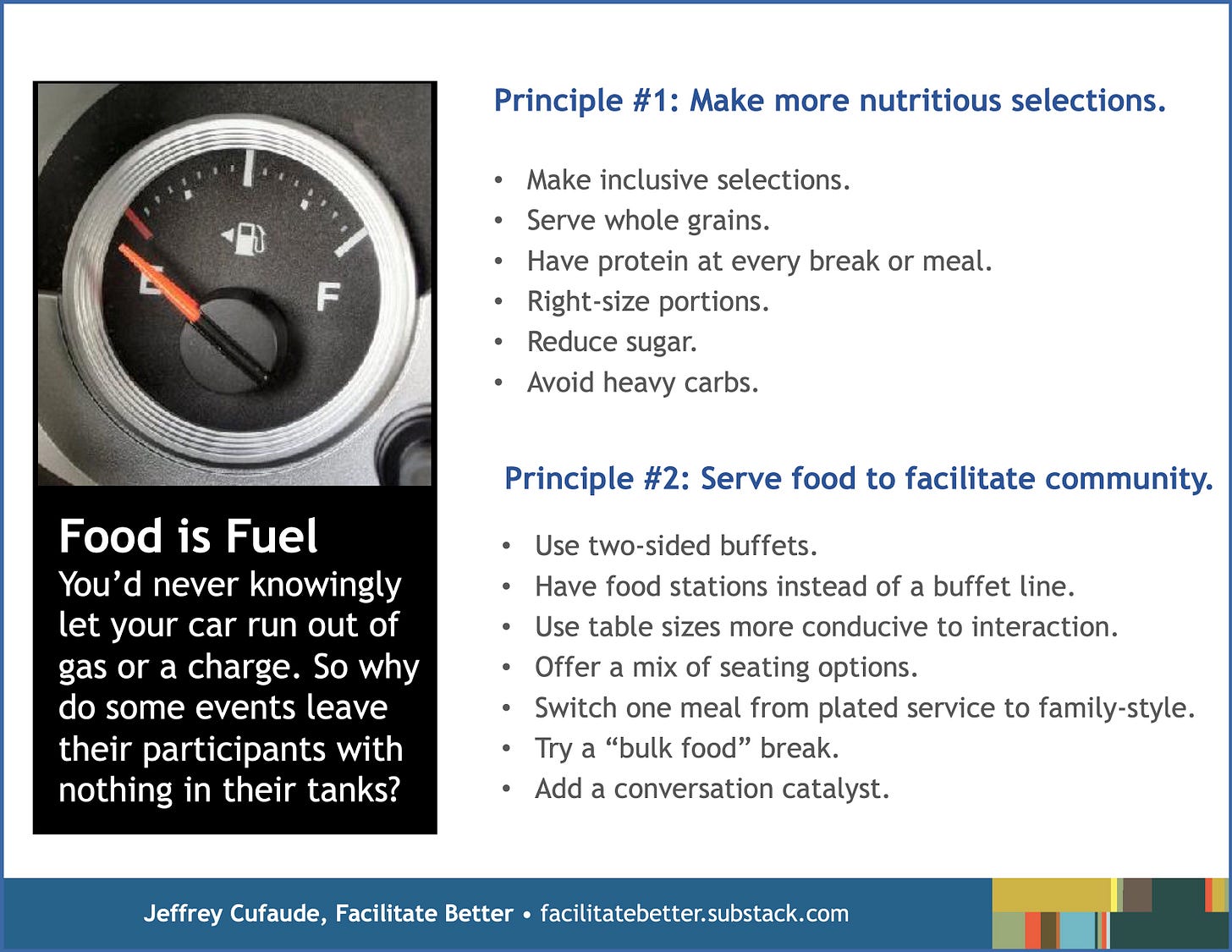 image of a car fuel gauge at empty alongside a list of the principles and tips contained in this post