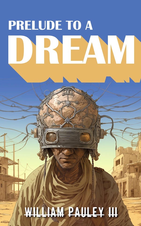 In a bleak arid landscape, in the ruble of a ruined town, a man in ragged clothes stares blankly ahead. The top half of his bald head is gigantic and covered with a mesh connected to wires that go out in all directions. He is wearing googles that have a 'steampunk' look. 