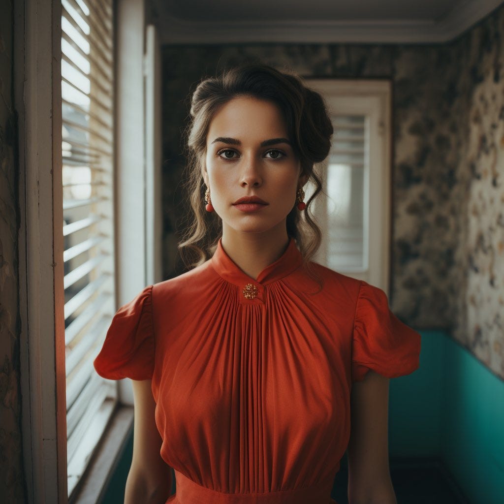 cinematic filmstill showing a young beautiful woman wearing a traditional red dress standing against the wall of a post-soviet styled apartment