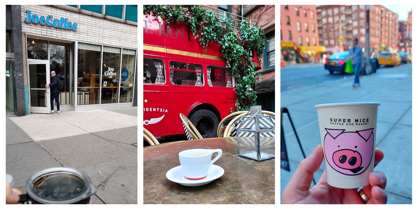 3 photos: From Left: A blurry coffee mug top at the bottom held up in front of the entry of JoeCoffee. A patron is opening the front door under the sign. Center: A white coffee mug and saucer sit on a marble table top in front of a bright red 1960s British-style double-decker bus covered in ivy. Right: A white takeaway coffee cup with a cartoon pig face and the name Super Nice Coffee is held up to the camera in front of the sidewalk.