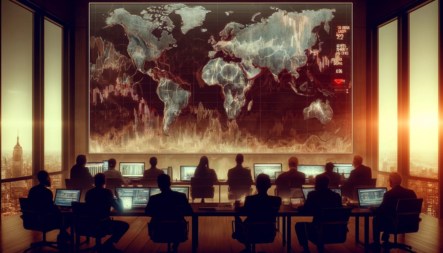 A dramatic scene in a trading room where a diverse group of traders are intently watching large screens displaying stock market data, reflecting a moment of uncertainty. The screens show ambiguous signals, with graphs and numbers that are hard to interpret. The background subtly suggests a geopolitical conflict, with a muted world map highlighting regions in turmoil, portrayed through subtle red shading. The atmosphere is tense, with traders showing expressions of concentration and anticipation, captured in a modern office setting with contemporary attire.