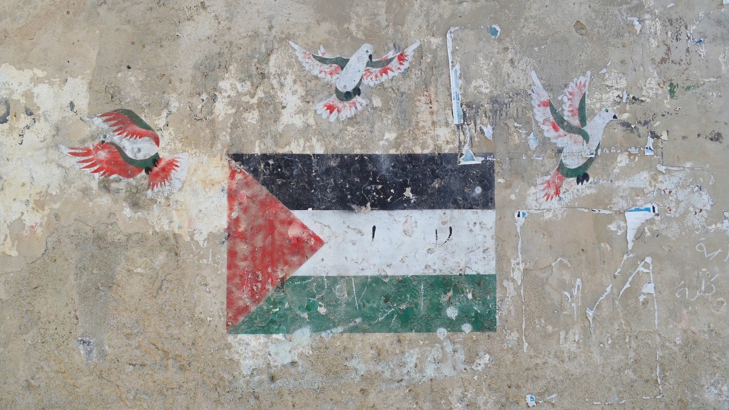 A mural on a wall of a Palestinian flag surrounded by white doves