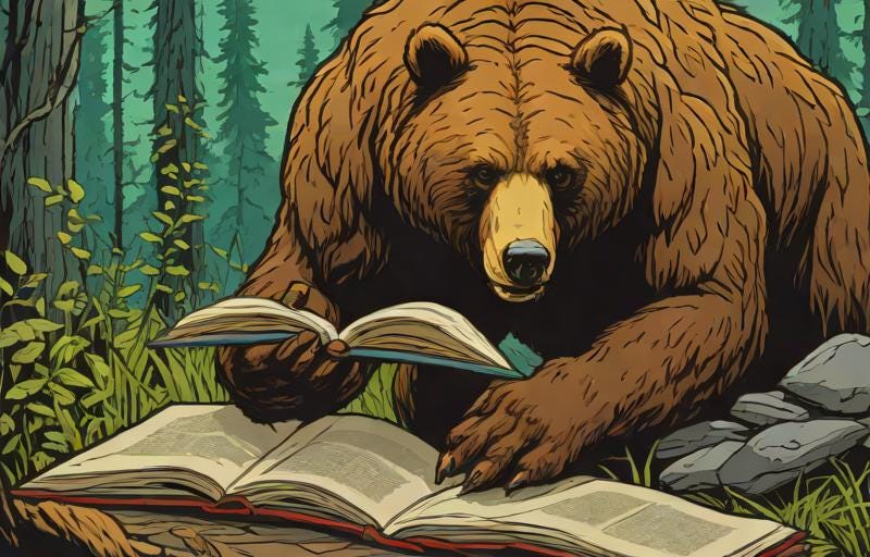cartoon grizzly bear reading books in forest