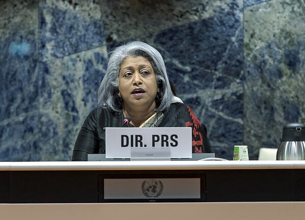 Dr Gaya Gamhewage, WHO Director, Prevention of and Response to Sexual Misconduct, speaks during the 76th World Health Assembly in Geneva, Switzerland, May 25, 2023. Internal documents obtained by The Associated Press show that the World Health Organisation has paid $250 each to at least 104 women in Congo who say they were sexually abused or exploited by Ebola outbreak responders. That amount is less than what some U.N. officials are given for a single day's expenses when working in Congo. (Antoine Tardy/WHO via AP)
