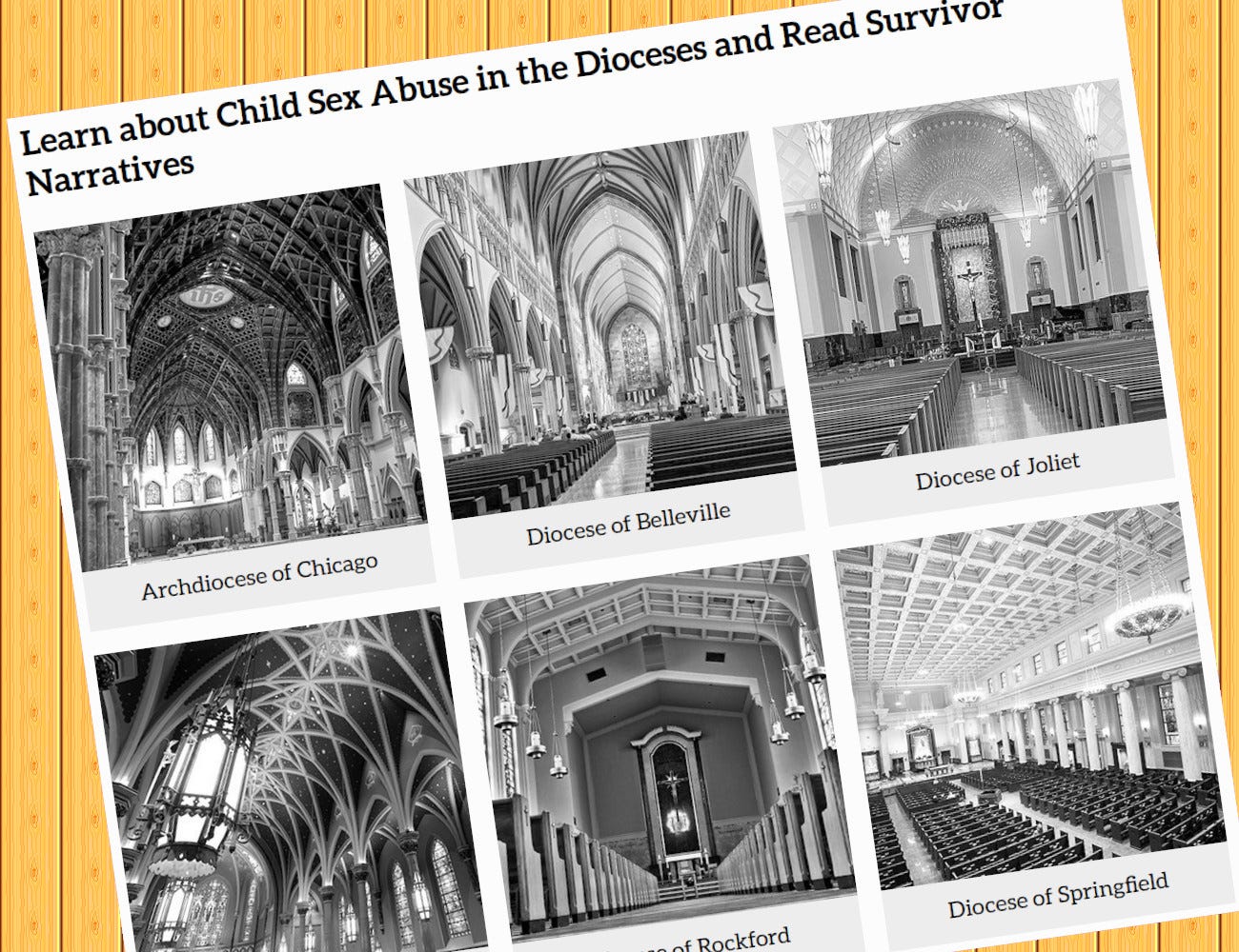 Image of cathedral interiors with headline about child abuse
