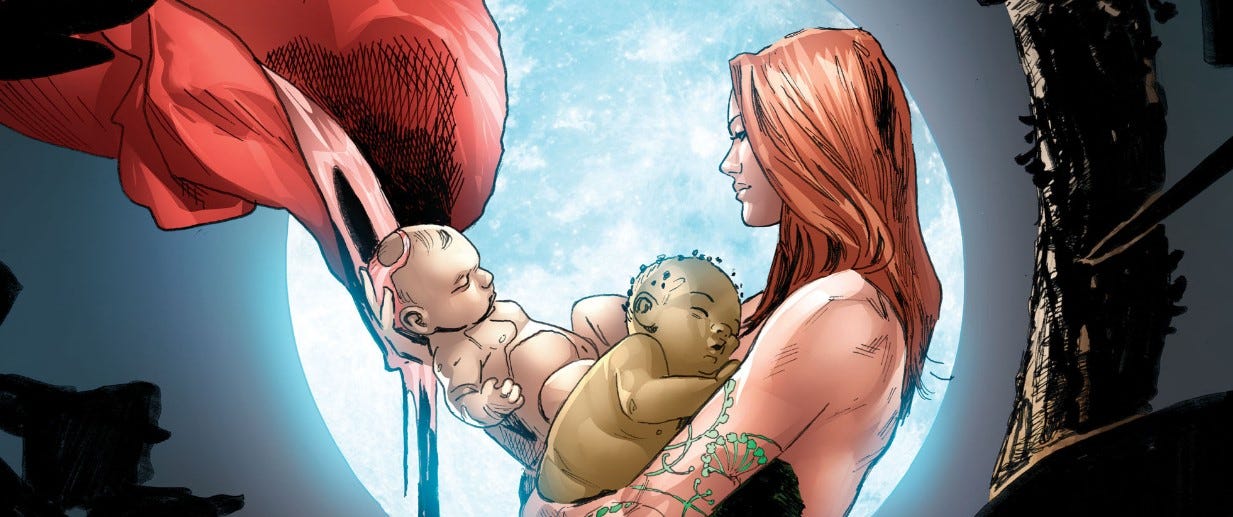 Comic-Szene, in der Poison Ivy zwei Babies im Arm hält, die, so wirkt es, von einer Pflanze geboren wurden. (Bild; DC Comics)