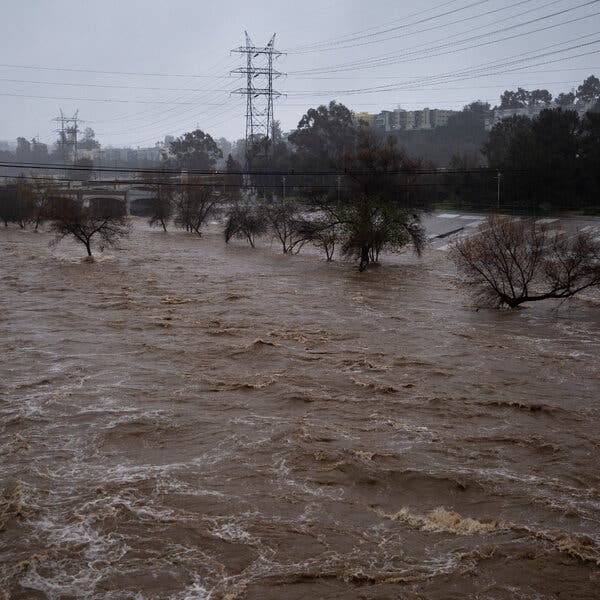 The Los Angeles River during heavy rains in Los Angeles today.