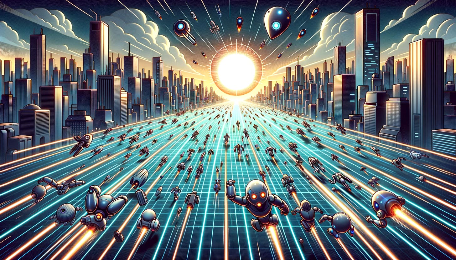 Wide illustration (16:9 ratio) with a digital city horizon. On the ground, bots of all shapes and sizes sprint, fly, and teleport, vying for the same goal: a central, radiant orb symbolizing the coveted arbitrage opportunity. The scene is packed with action, drama, and a sense of high-stakes competition.