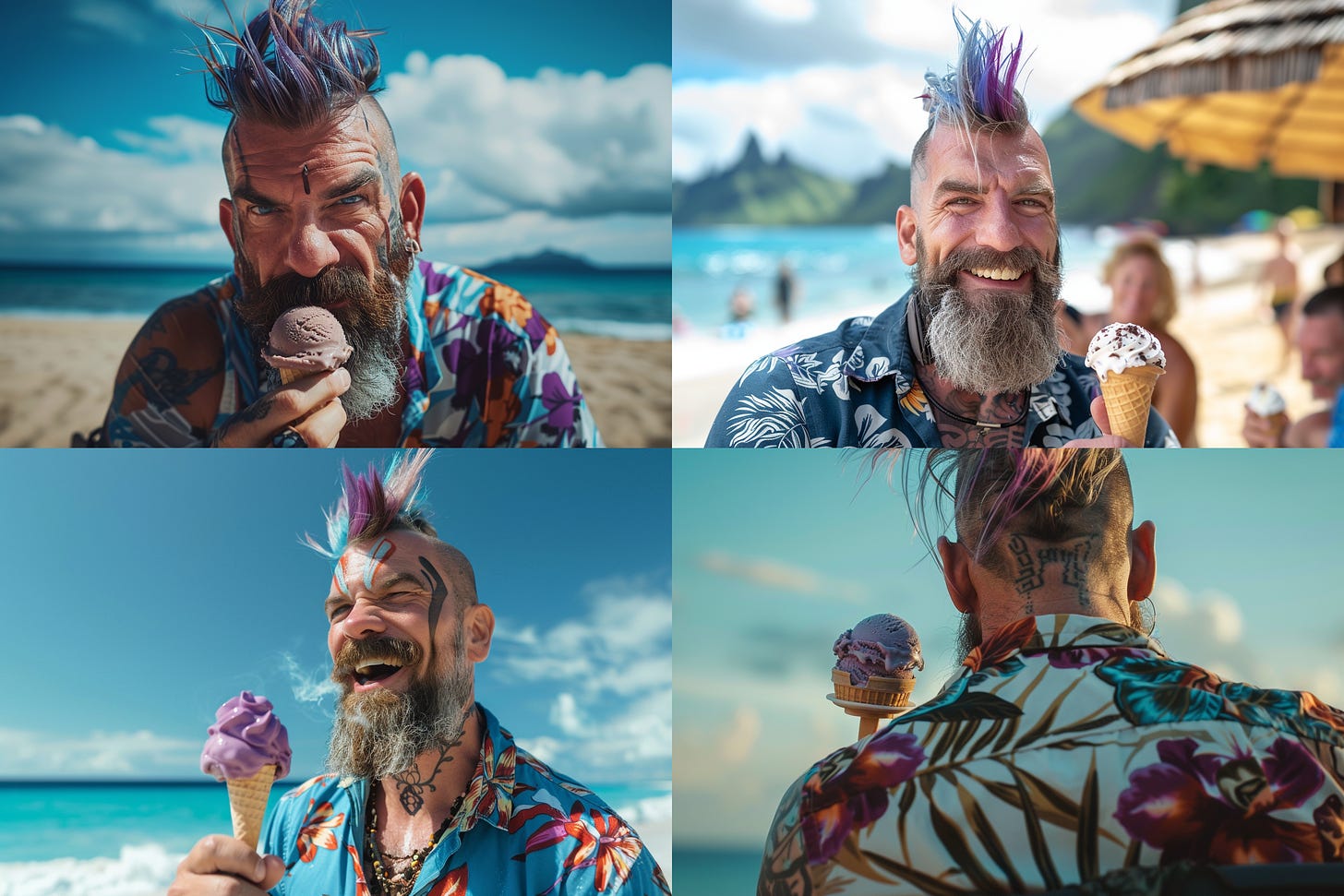 Viking eating ice cream on the beach in a Hawaiian floral shirt with purple hair and face tattoos