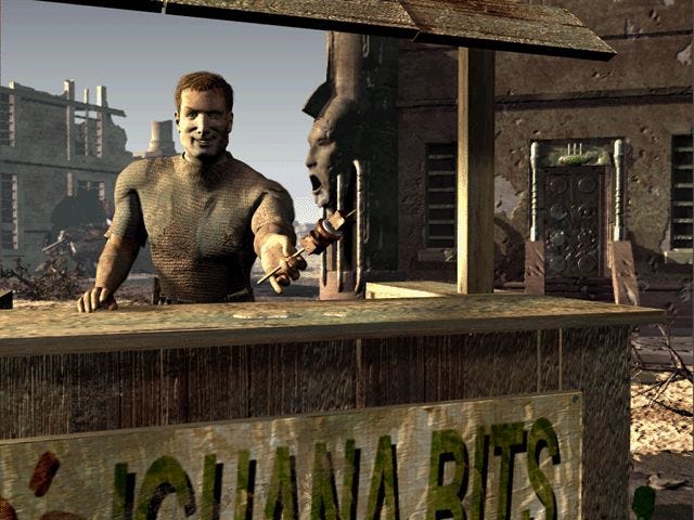 screenshot from the ending of Fallout 1 featuring a man in a burned out city standing behind an iguana bits kiosk, selling strange meat on a stick