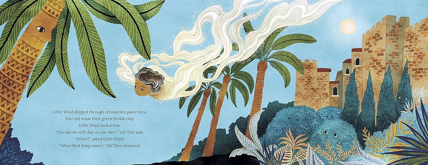 A two page spread from Bare Tree & Little Wind, showing an anthropomorphic, child-faced wind and trees and shrubs with faces outside of the walls of Jerusalem.