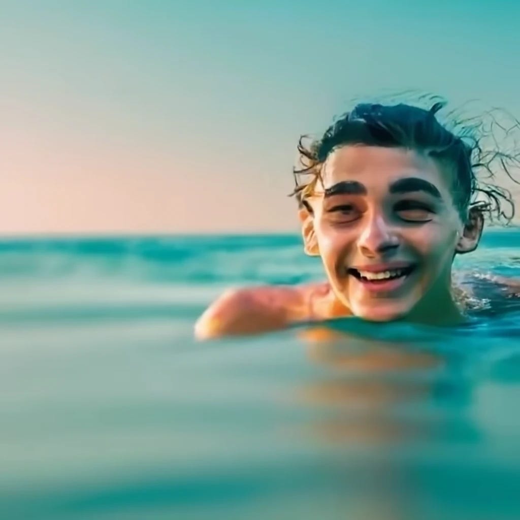 Young man swimming in the ocean waves smiling and feeling alive