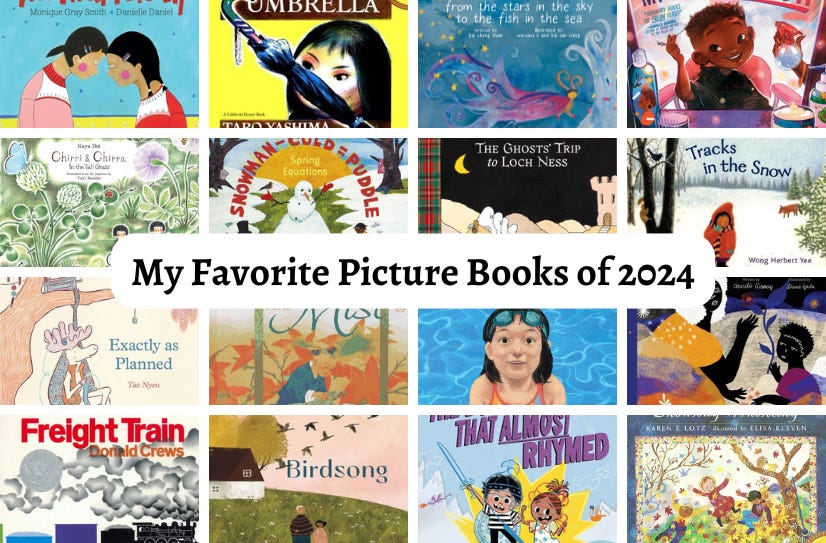 A grid of cover images of 16 of the books mentioned in this newsletter, with the text ‘My Favorite Picture Books of 2024’ in the center.