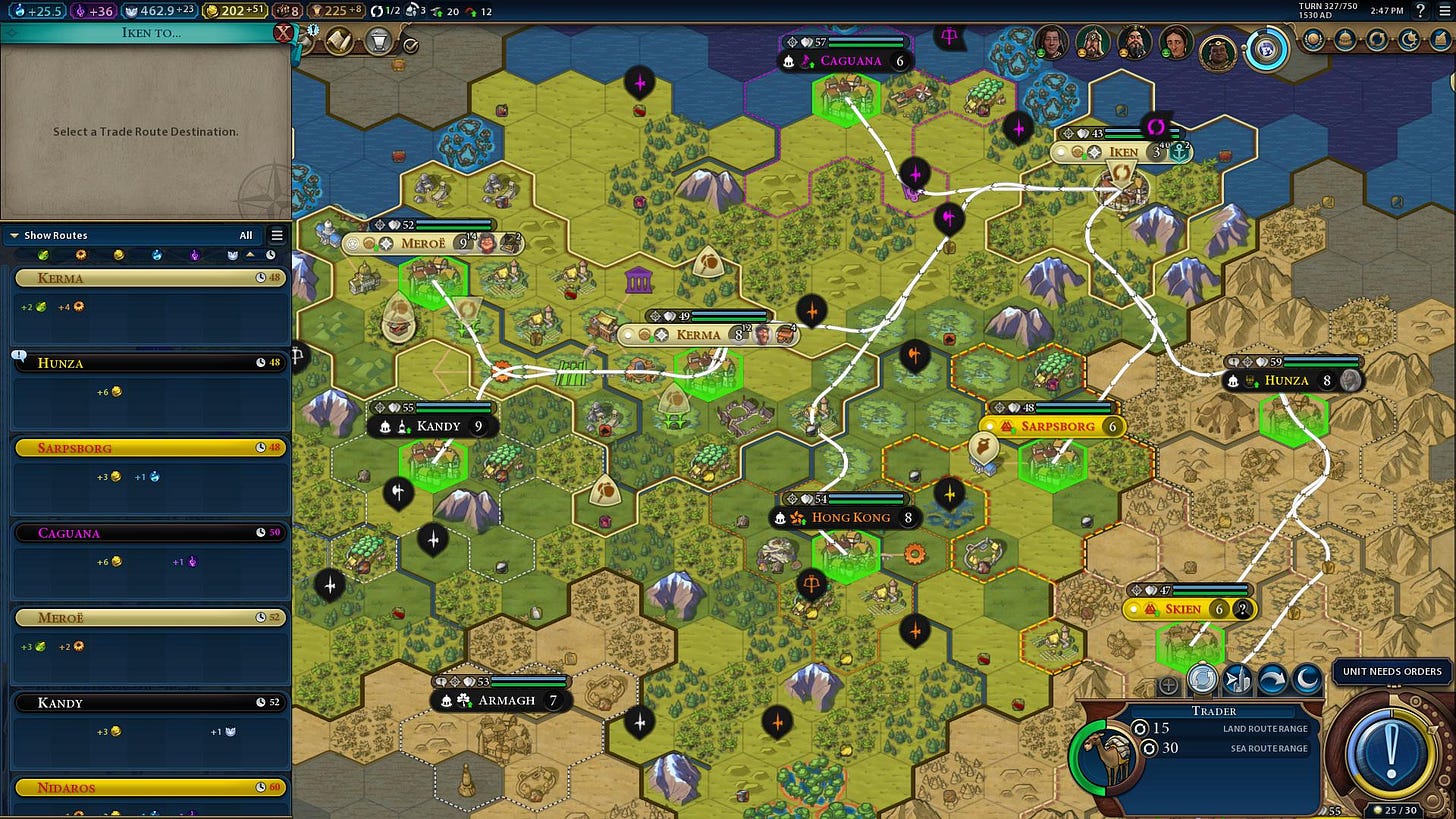 r/CivVI - Cities within 15 tiles might not be reachable by trade route (can't trade Iken to Armagh due to pathing AI)