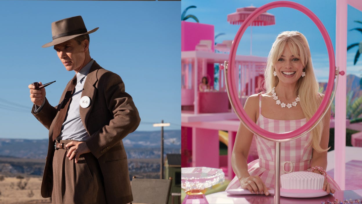 Side by side screenshots of Oppenheimer and Barbie, featuring Cillian Murphy and Margot Robbie as their respective lead characters.