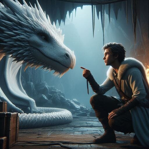 a young man speaking with a white dragon as they stand outside the dragon's lair