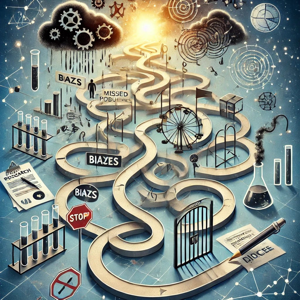 An abstract representation of scientific progress being complex and nonlinear. Show tangled pathways with forks and roadblocks symbolizing biases, missed opportunities, and barriers to publication. Highlight elements like torn research papers, locked gates representing challenges in acknowledgment and acceptance. Use a maze-like structure with interconnected paths, some leading to dead ends while others spiral outward. Dark clouds can represent biases, and scattered light sources can symbolize breakthrough moments. Incorporate symbols of science like test tubes, graphs, and microscopes in the background to maintain a scientific context.