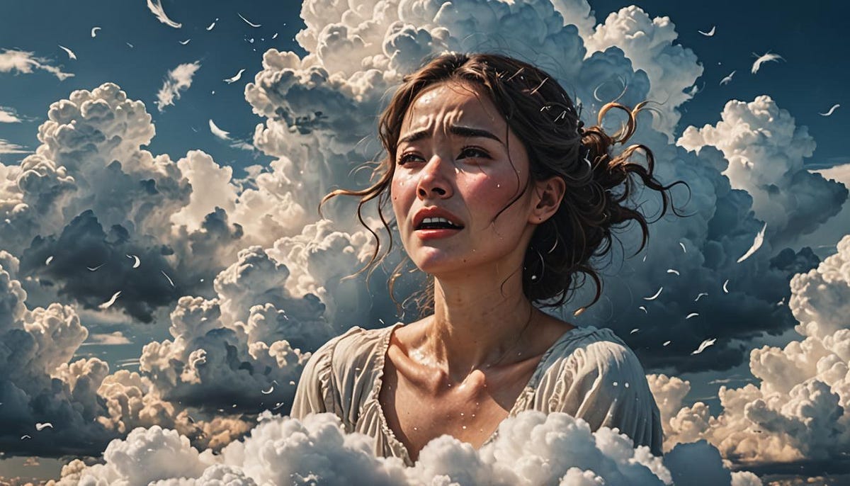 Beautiful woman floating on clouds, artist impression. Beautiful woman floating on clouds, artist impression.