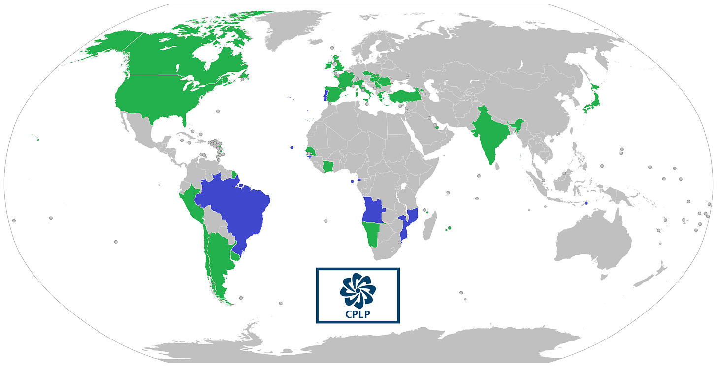 Map of CPLP member states (blue), associate observers (green).