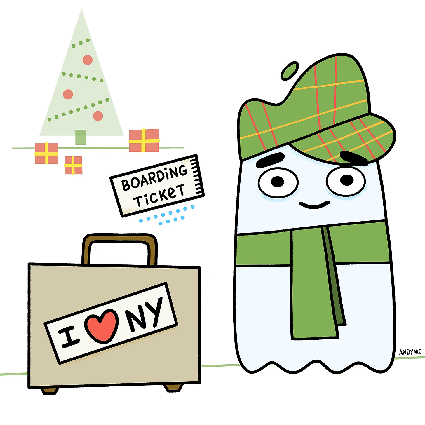 An illustration of a friendly ghost with a suitcase and boarding ticket.