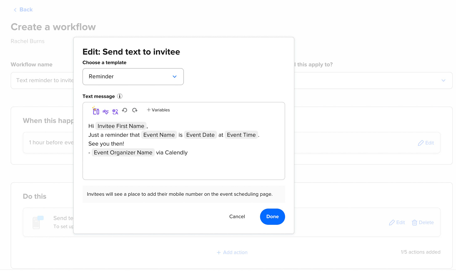 Screenshot of the Workflow template editor for a Reminder text message
