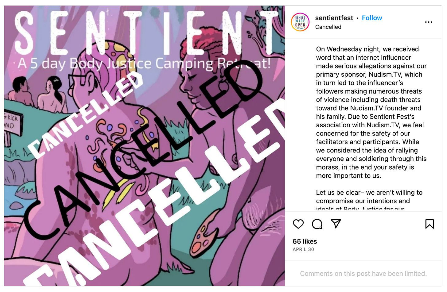 Screenshot of Sentient Fest's instagram post with the announcement: "On Wednesday night, we received word that an internet influencer made serious allegations against our primary sponsor, Nudism.TV, which in turn led to the influencer's followers making numerous threats of violence including death threats toward the Nudism.TV founder and his family. Due to Sentient Fest's association with Nudism.TV, we feel concerned for the safety of our facilitators and participants. While we considered the idea of rallying everyone and soldiering through this morass, in the end your safety is more important to us."