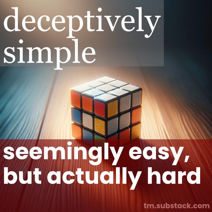 Unsolved Rubik's Cube, captioned 'seemingly easy, but actually hard.'