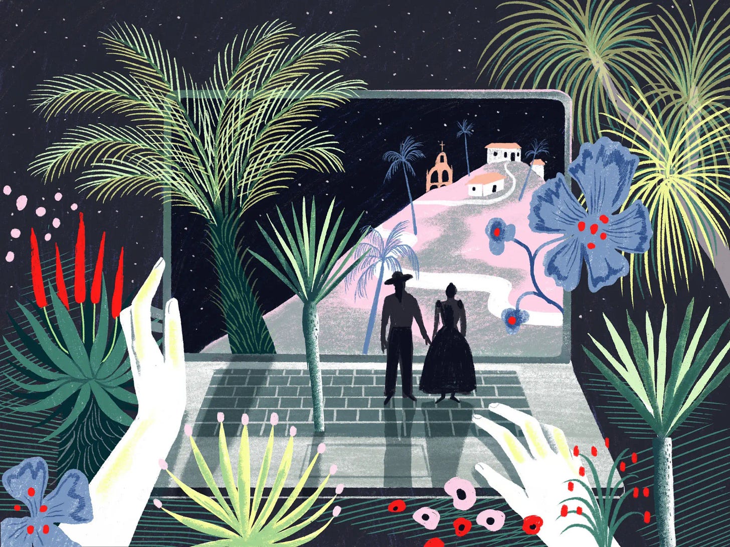 Illustrated scene of a laptop screen showing a silhouetted couple standing on a winding path leading to a hilltop chapel, surrounded by tropical plants and flowers, blending digital and natural elements under a starry night sky. Illustrated scene of a laptop screen showing a silhouetted couple standing on a winding path leading to a hilltop chapel, surrounded by tropical plants and flowers, blending digital and natural elements under a starry night sky.