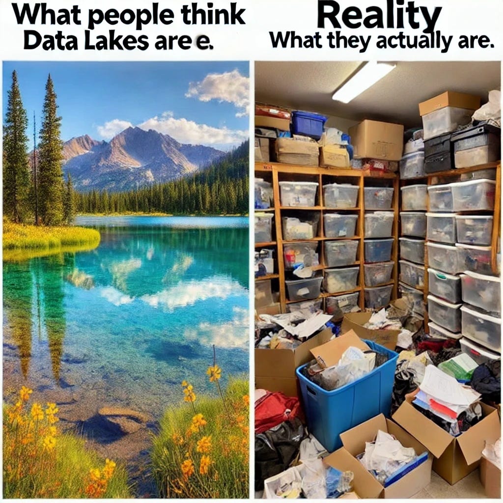 A meme with two images side by side on a white background. The left image is labeled 'Expectations' and shows a serene, beautiful lake with clear water, surrounded by trees and mountains, calm and peaceful. The right image is labeled 'Reality' and shows a chaotic, overstuffed storage room filled with boxes, papers, and clutter everywhere. The caption at the top says: 'What people think data lakes are vs. what they actually are.'