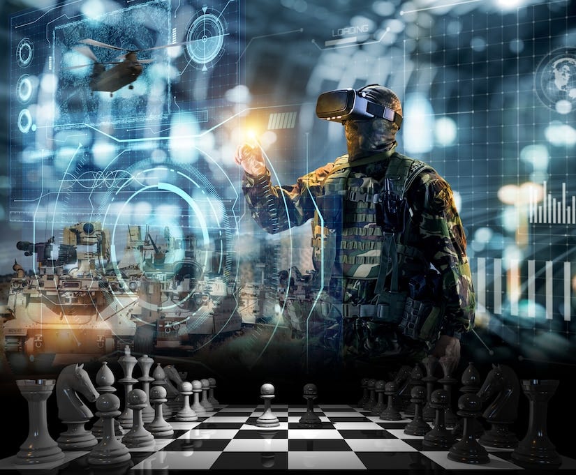 A photo illustration depicting a soldier wearing virtual reality glasses with a chess set in the foreground.