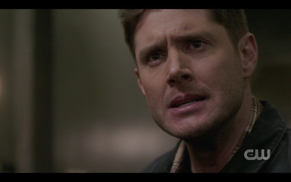 Intense Dean Winchester face with gun on brother Sam Unity