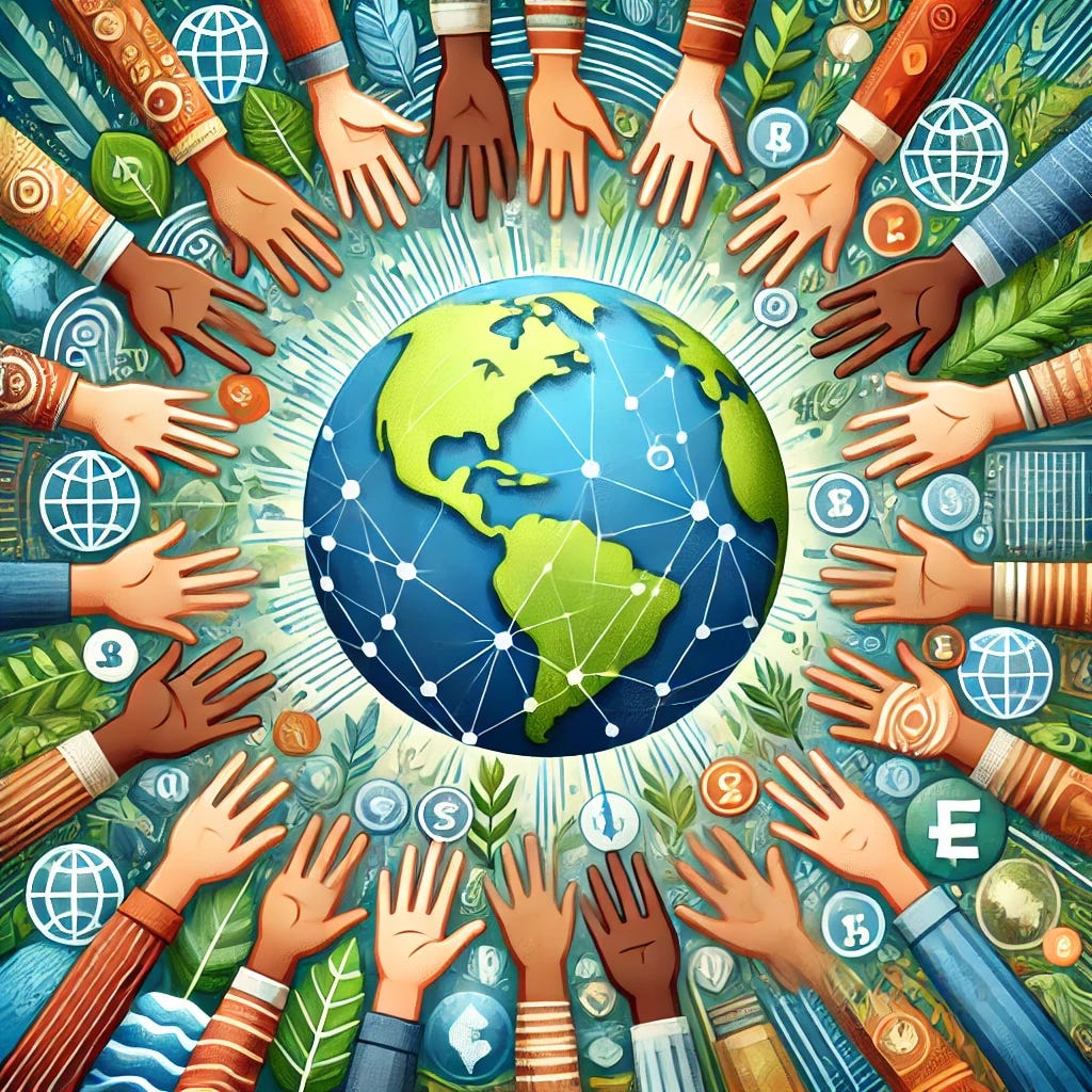 A globe at the center surrounded by diverse hands of various skin tones, representing different cultures and genders, all reaching toward the globe, symbolizing global financial inclusion. Around the globe, nature elements like trees, leaves, and water waves are mixed with symbols of people from different backgrounds to highlight the human connection. The background includes shades of green and blue to symbolize the connection between nature and financial growth, with some icons of digital currency lightly blended in.